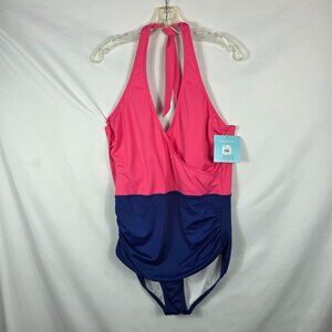 Bal Harbour One Piece Swim Suit Women's Size 18 Cherry Blossom Pink & Blue NEW